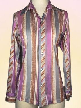 Vintage 70s Striped Long-Sleeve Button-Front Blouse